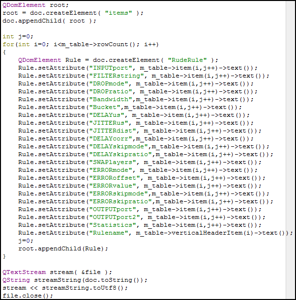 KUVA 8. Sääntöjen parametrien tallennus XML-tiedostoon 5.6 Asetustiedosto Asetustiedoston luomiseen ja lukemiseen käytetään QSettings-luokkaa.
