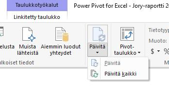 43 Kuvio 27: Päivitä painike PowerPivot käyttöliittymässä (Excel 2016) Kuvio 28: Onnistunut päivitys (Excel 2016) Excel 2010-versiossa PowerPivotin tietomallin päivittäminen toimi