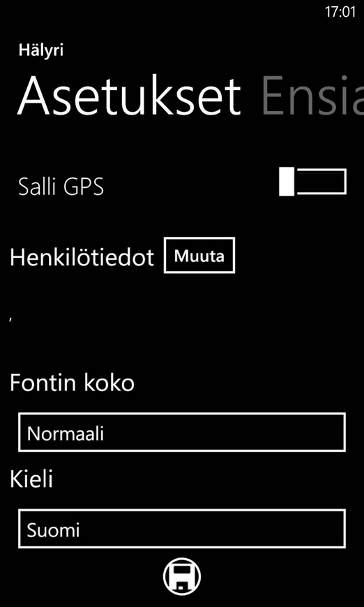 Kuva 5.3: Sovelluksen asetukset. denoton. Salli GPS antaa sovellukselle oikeuden lähettää puhelimen GPS-laitteelta saatuja sijaintitietoja hätäkeskukseen.