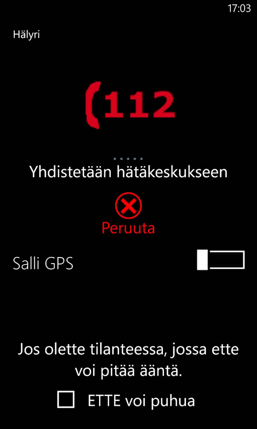 Kuva 5.4: Hätäkeskukseen yhdistämisen näkymä. Jos käyttäjä ilmoittaa ETTE voi puhua -painikkeella, ettei voi pitää ääntä, avautuu kuvassa 5.7 esitetty tekstipohjaisen viestinnän näkymä.