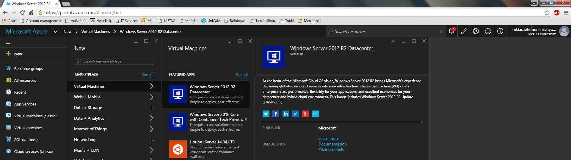 8 Vielä viimeiseksi luodaan kaksi virtuaalikonetta, joihin Azure asentaa Windows Server 2012 R2 Datacenter -palvelimet.