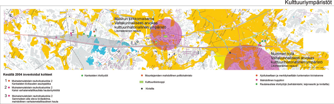 42 Valtatie 8 välillä Raisio-Nousiainen Vaikutukset muinaismuistoihin Vaihtoehdot Sinivihreä 1 ja 2 on linjattu niiden kahden matalan kalliokumpareen välistä, joilla sijaitsevat inventoinnissa