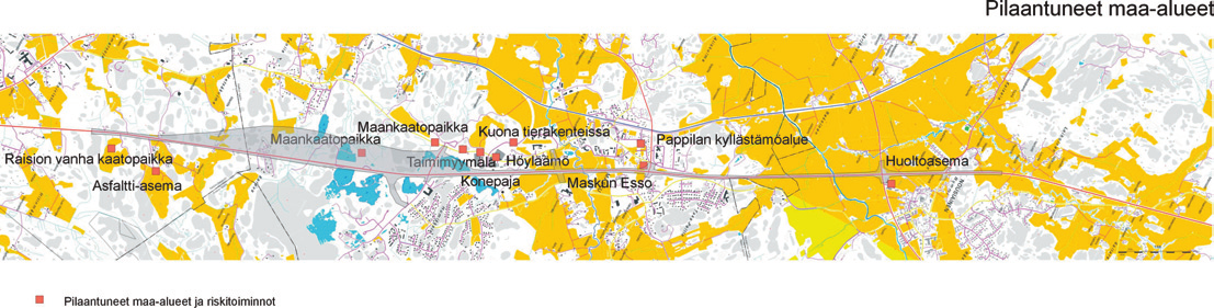 37 6.4 Pilaantuneet maa-alueet Suunnittelualueen alkupäässä sijaitsee Raision vanha, jo suljettu yhdyskuntajätteen kaatopaikka, joka on erityisesti otettava huomioon mahdollisten rakennustöiden