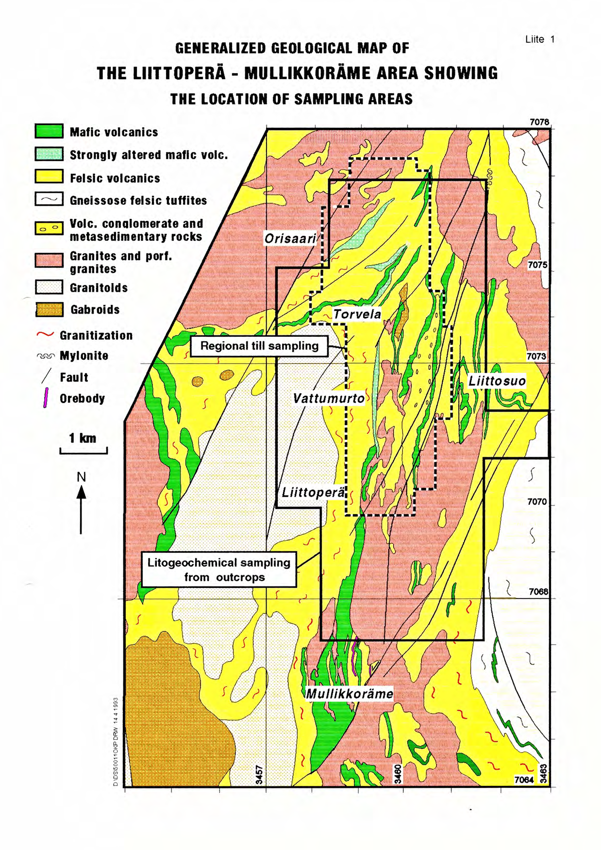 GENERALIZED GEOLOGICAL MAP OF THE LIITTOPERA - MULLIKKORAME AREA SHOWING THE LOCATION OF SAMPLING AREAS Liite 1 P / 1 Mafic volcanics Strongly altered maflc volc.