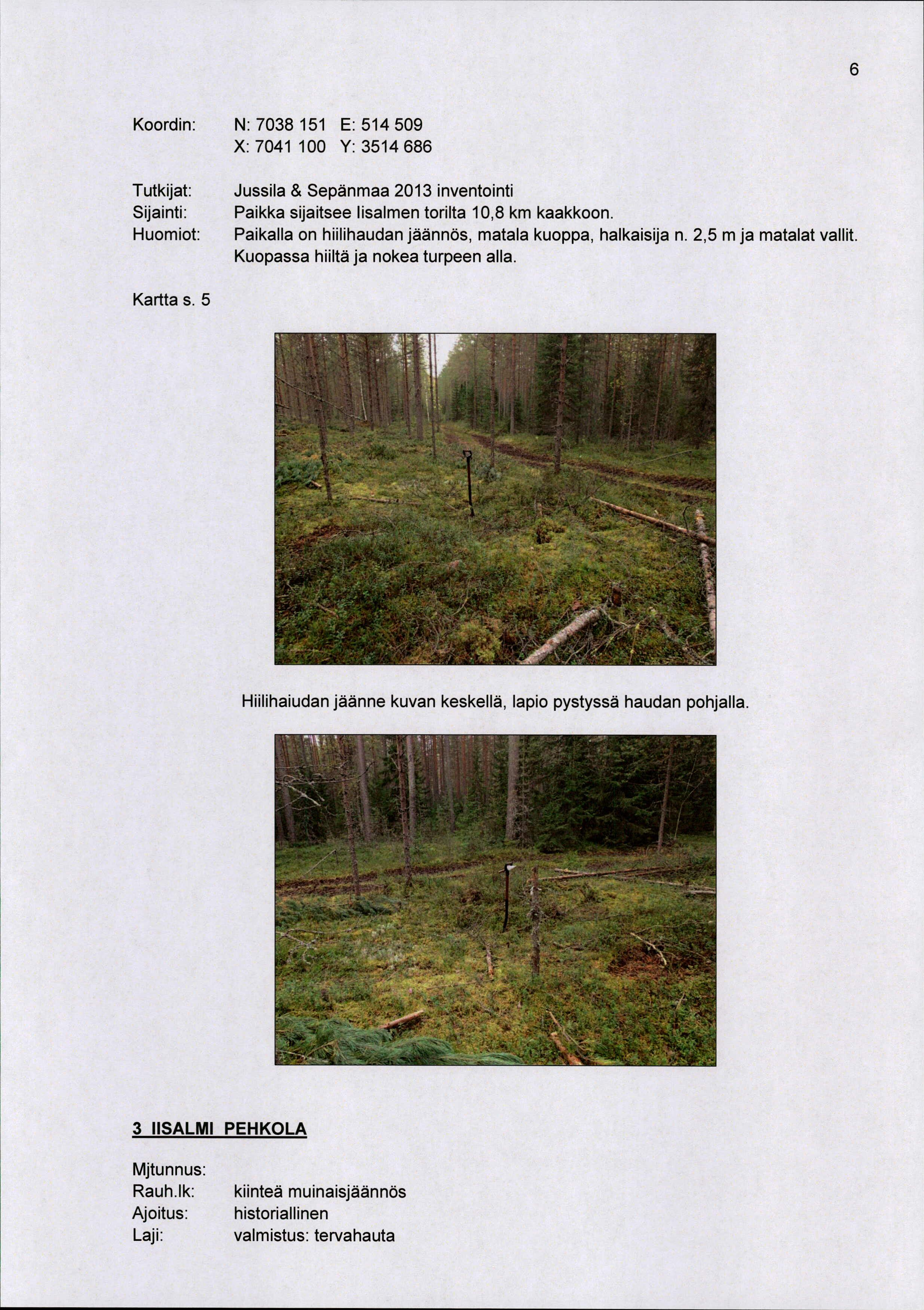 . Koordin: N:7038 5 E:54509 X: 704 00 Y: 354 686 Tutkijat: Sijainti: Huomiot: Jussila & Sepänmaa 203 inventointi Paikka sijaitsee Iisalmen torilta 0,8 km kaakkoon.