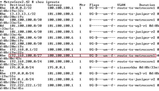 141 KUVIO 87. Routing policy, MetroCore2-reititystaulu route aggregationilla Sama reittitieto mainostetaan MetroCore2-laitteelta eteenpäin muille BGP-naapureille.