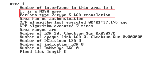 73 WG5-R1-reititin toimi myös reunalaitteena OSPF-alue yhdelle. OSPF-alue yksi oli NSSA-alue, joten WG5-R1-reitittimen OSPF-prosessi alue yksi asetettiin toimimaan NSSA-tilassa.