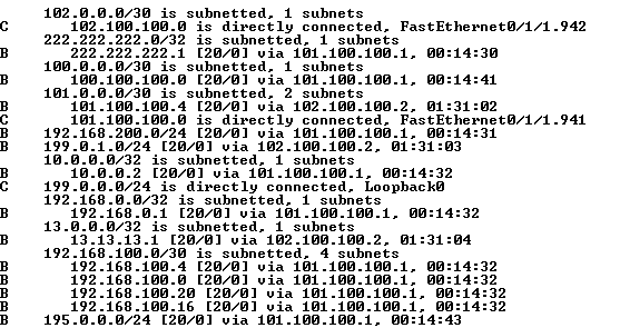 87 AS-300 alueella BGP-prosessia pyöritti WG3-R1-reititin. MetroCore2-laite mainostaa BGP:llä opittuja reittitietoja BGP-naapureilleen. Kuviossa 35 on WG3-R1-reitittimen reititystaulu. KUVIO 35.