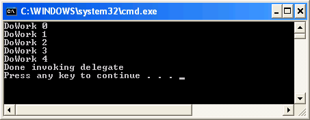 Synkroninen delegaatti class Program public delegate void MyDelegate(); public static void DoWork() for (int i = 0; i < 5; i++) Console.
