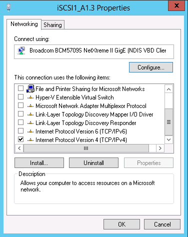 14 iscsi-portit Kaksi verkkoporteista varattiin iscsi-liikenteelle. iscsi-portteja ei tule ryhmittää, sillä tämä ei ole tuettua Windows Serverissa.