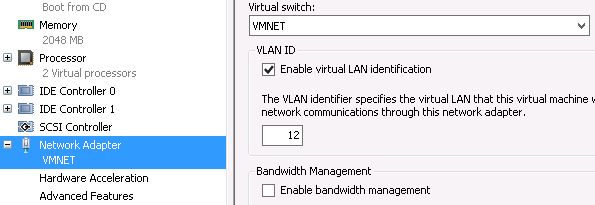 24 Kuva 15. Virtuaalikoneiden verkkosovittimen asetuksia.