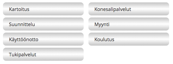 Teksti on asetettu vasempaan reunaan, alue on keskitetty ja välistys on 4 %. Sisemmässä elementissä (.palvelulista) palstan leveydeksi on asetettu 11,5 em.