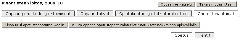 Aukeaa seuraava näkymä: Opintokohde, jolle opetustapahtuma luodaan, etsitään esim.