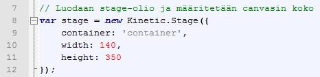 Esimerkiksi 2d-kontekstin fillstyle ja strokestyle ominaisuudet kirjoitetaan KineticJS-kirjastoa käytettäessä nimillä fill ja stroke.