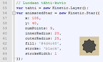 Kuvion 33 koodi havainnoi suorakulmion piirtämistä uudelle kerrokselle new Kinetic.Layer -käskyä käyttäen. Kerroksen määrittämisen jälkeen luodaan uusi suorakulmio new Kinetic.Rect -käskyllä.