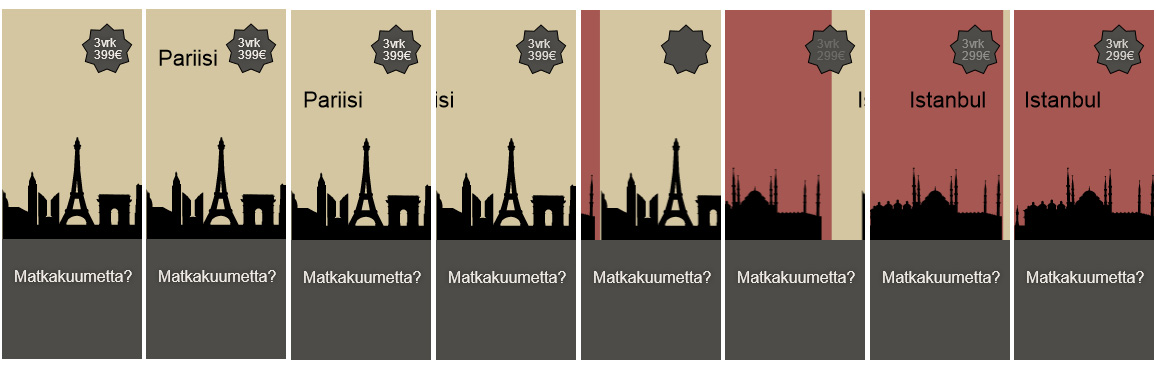 41 Bannerin alkunäkymä sisältää kuvan, alhaalla olevan suorakulmion, Matkakuumettatekstin, tähtikuvion, hinta-tekstin ja taustan (kuvio 40).