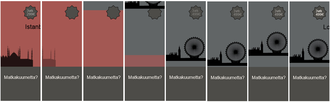 Samanaikaisesti seuraava tausta (suorakulmio) ja kuva ilmestyy banneriin vasemmalta. Istanbul-teksti ilmestyy canvasille oikealta ja jää hetkeksi paikalleen. Kuvio 40. Bannerin animaation kulku.