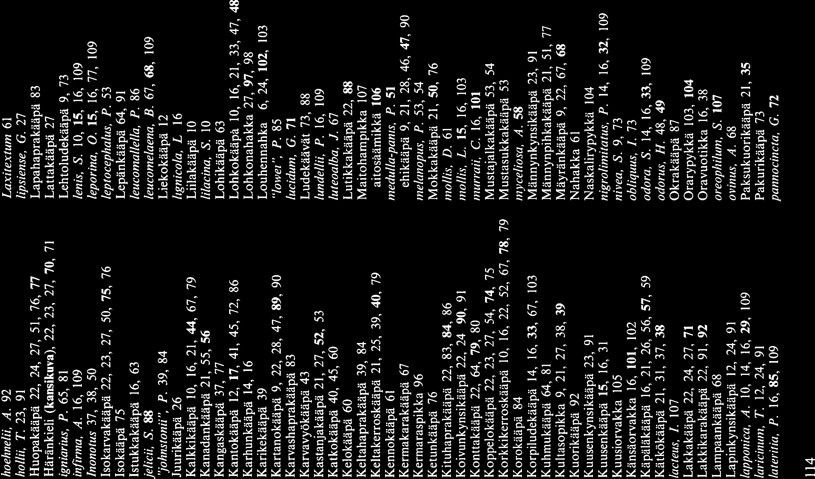 hoehnetii, A. 92 hollii, T. 23, 91 Huopakääpä 22, 24, 27, 51, 76, 77 Häränkieli (kansikuva), 22, 23, 27, 70, 71 igniarius, P. 65, 81 infirma, A.