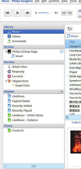 Kappaleiden lisääminen Philips Songbirdiin Siirrä kappaleita Rhapsody-sivustosta Philips Songbird -soittimeen lisäämällä kappaleet ensin Philips Songbird -soittolistaan (katso 'Soittolistojen