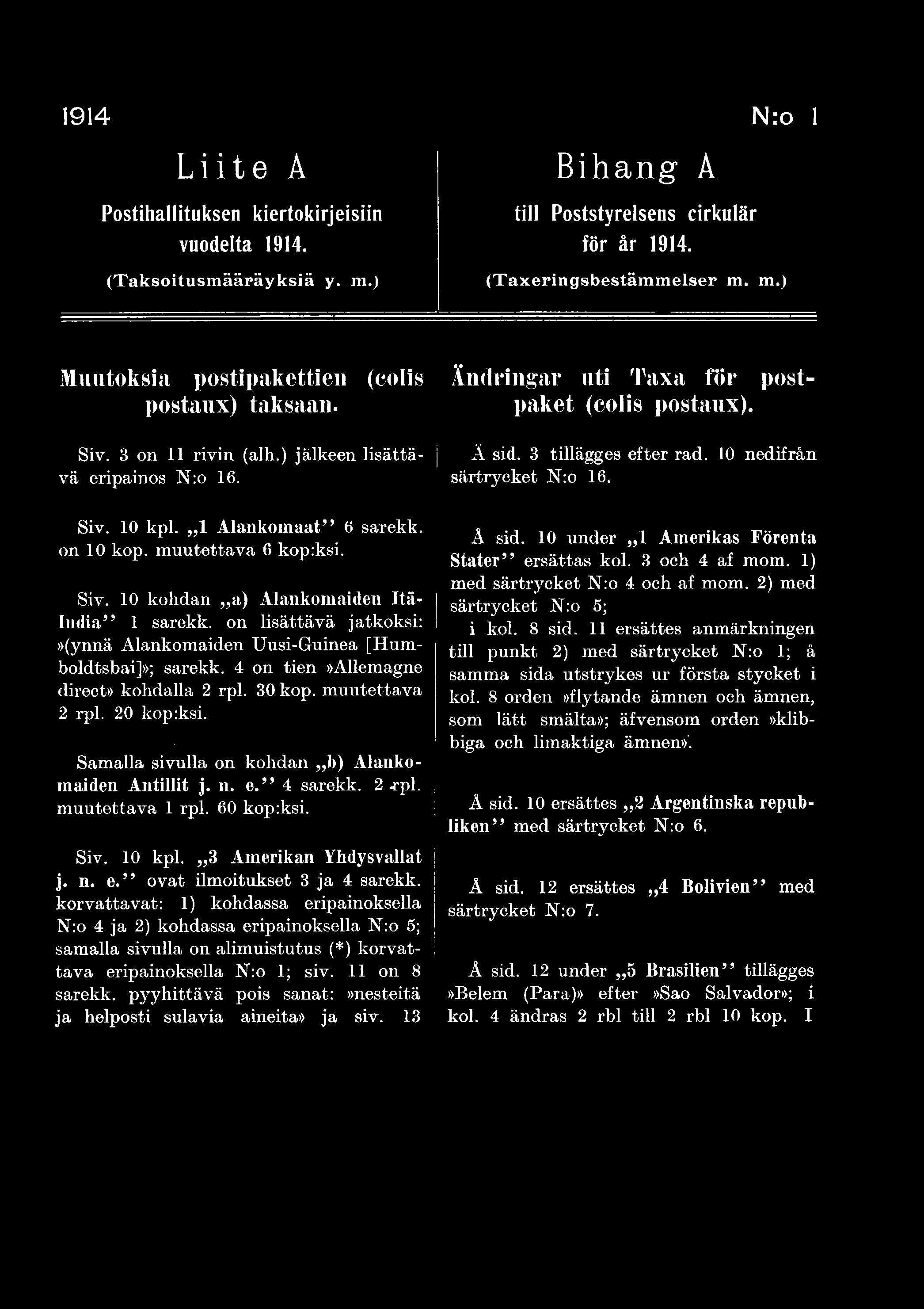 : Samalla sivulla on kohdan b) Alankomaiden Antillit j. n. e. 4 sarekk. 2 -rpl. muutettava 1 rpl. 60 koprksi. Siv. 10 kpl. 3 Amerikan Yhdysvallat j. n. e. ovat ilmoitukset 3 ja 4 sarekk.