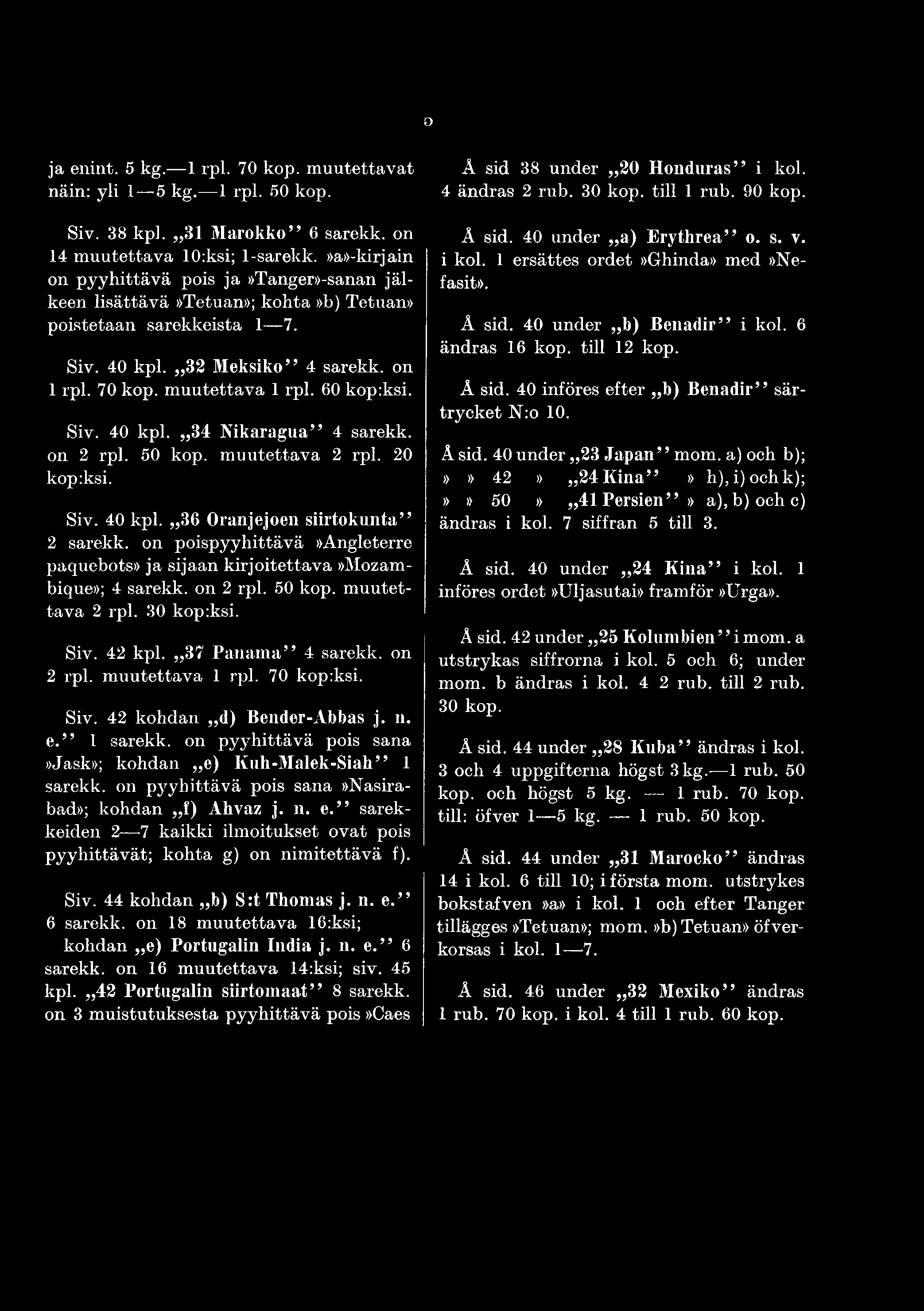 70 kopiksi. Siv. 42 kohdan d) Bender-Abbas j. n. e. 1 sarekk. on pyyhittävä pois sana»jask»; kohdan e) Kuh-Malek-Siah 1 sarekk. on pyyhittävä pois sana»nasirabad»; kohdan f) Ahvaz j. n. e. sarekkeiden 2-7 kaikki ilmoitukset ovat pois pyyhittävät; kohta g) on nimitettävä f).