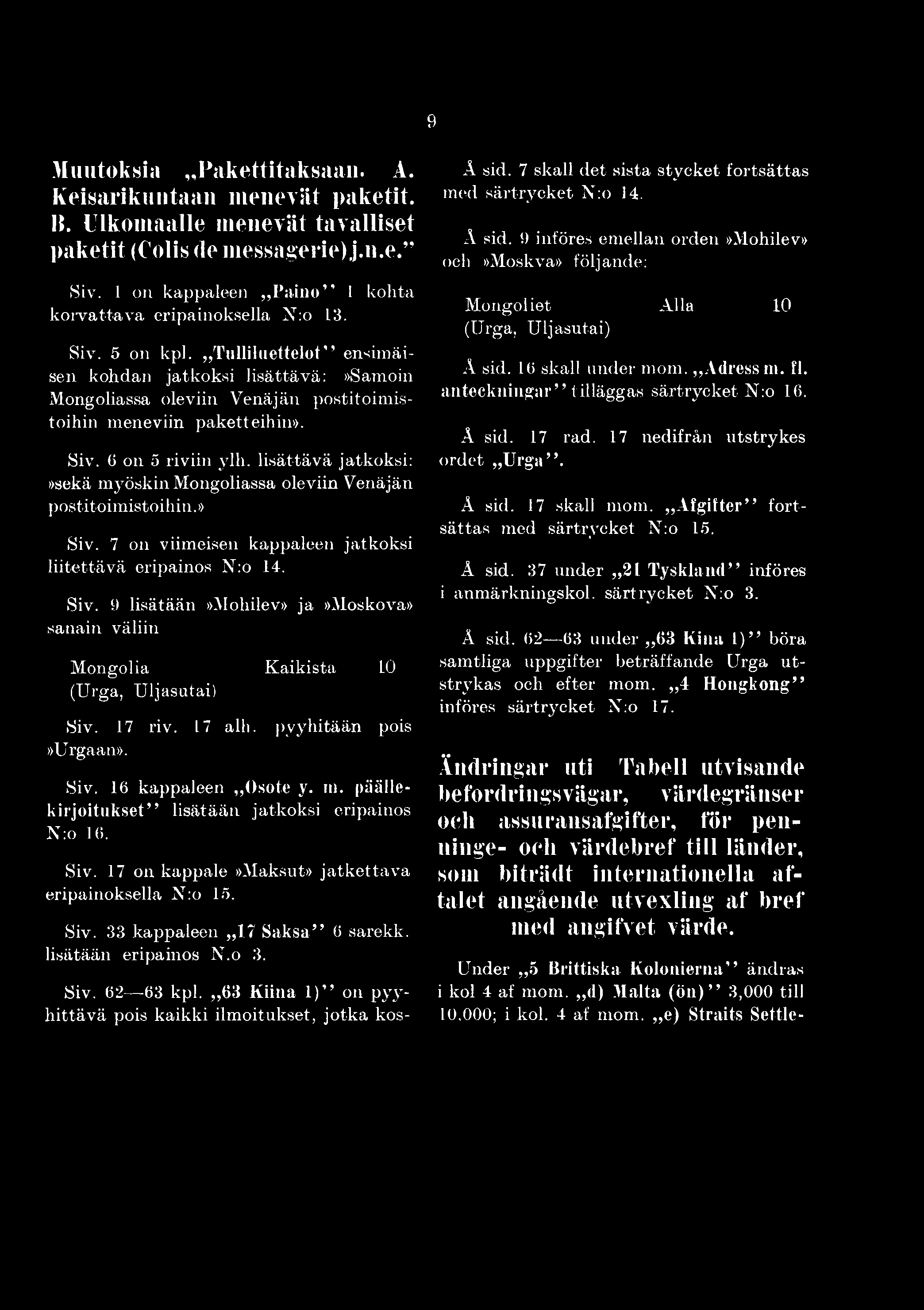 17 riv. 17 alh. pyyhitään pois»urgaan». Siv. 16 kappaleen Osote y. m. päällekirjoitukset lisätään jatkoksi eripainos N:o 16. Siv. 17 on kappale»maksut» jatkettava eripainoksella N:o 15. Siv. 33 kappaleen 17 Saksa 6 sarekk.