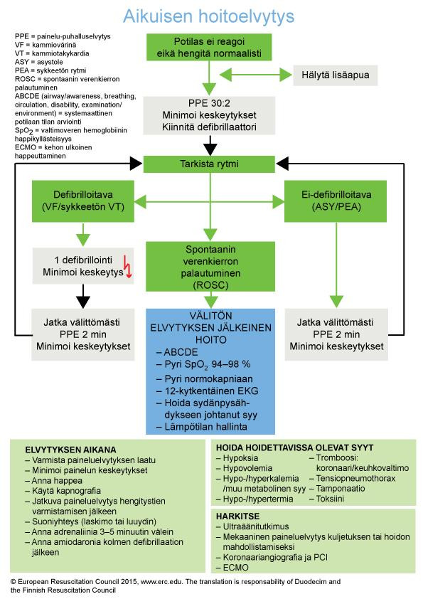 35 Kuva 3. Aikuisen elvytyskaavio (Käypä hoito -suositus 2016.) Sairaala Päivystyspoliklinikalle päästyään elvytetty potilas kytketään hengityskoneeseen.