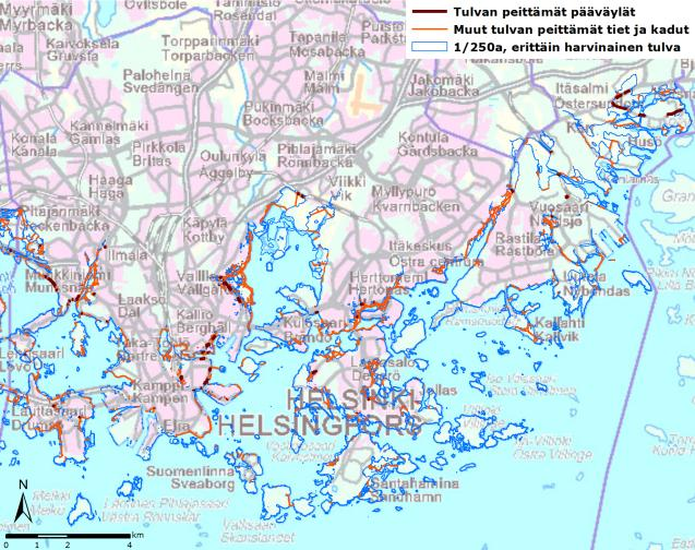 Kuva 10.3.1-2. Tulvan peittämät tie- ja katuosuudet Helsingissä.