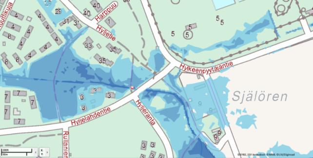 Tierummun sulkeminen Kuva 10.4.3-3. Hyljelahdentien tierummun sulkeminen (kartassa 1/100a meritulvan mukainen tilanne).