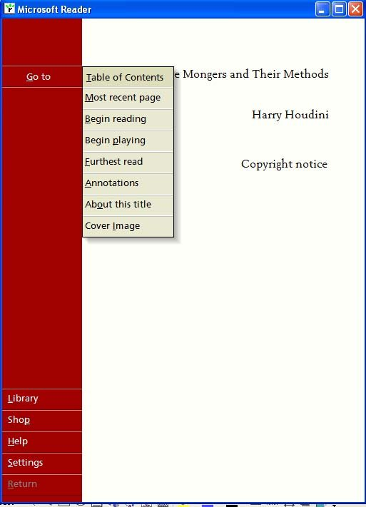 Microsoft Readerin aloitussivu ja valikko.