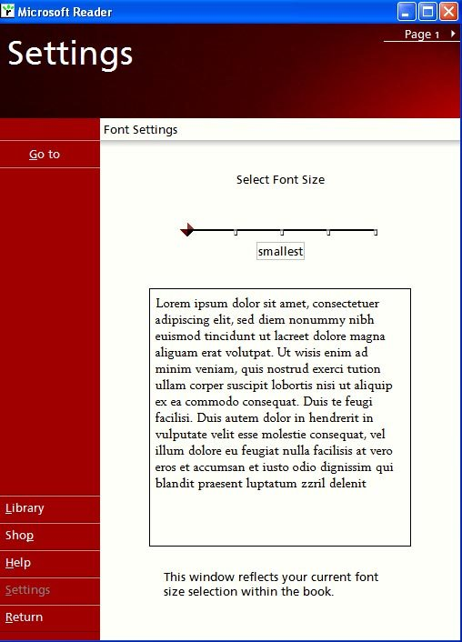 16 KUVIO 13. Microsoft Readerin fontin koon muutto.