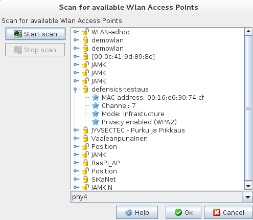 scan -painikkeesta painamalla alkaa lähistöllä olevien WLAN-tukiasemien skannaus.