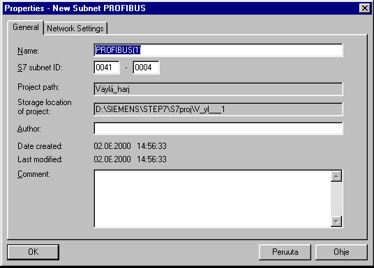 17 Kuva 11 New Subnet PROFIBUS ikkuna /1/ General välilehden asetuksiin ei