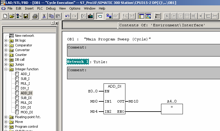 0 signaali "0" eikä operaatiota suoriteta (Kuva 59). /2/ Kuva 59 Käskyn ADD_I esimerkki 8.4 Esimerkki 2 Kehys ADD_DI aktivoidaan, jos E 0.0 = 1.