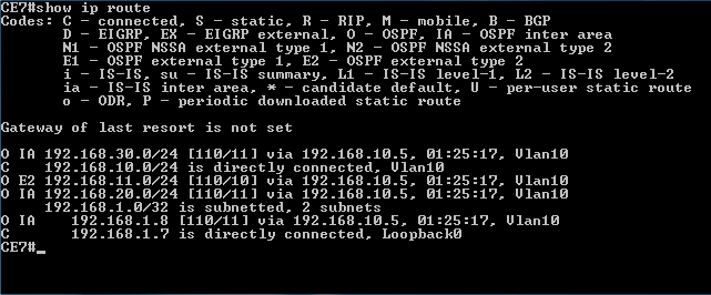 33 Ping-testin jälkeen tarkistettiin asiakasverkon reunalaitteiden (CE7 ja CE8) reititystaulut, suorittamalla komento: show ip route. Kuvassa 10 esimerkkinä CE7:n reititystaulu. Kuva 10.