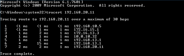 36 tokehotteessa komennolla: tracert 192.168.20.11. Kuvasta 15. voidaan todeta yhteyden toimivuus, sillä yhteys on saavutettu yrityksen toiseen toimipisteeseen. Kuva 15.