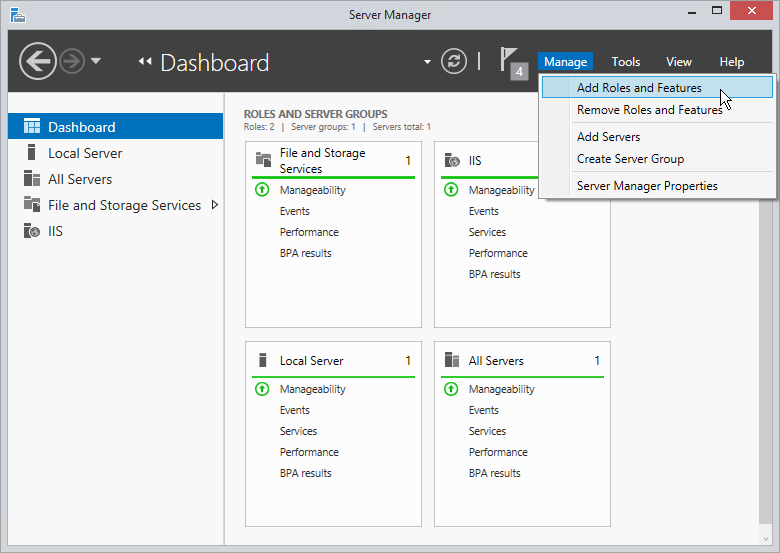 1.1. IIS 8 -palvelimen asentaminen ja käyttöönotto Seuraavat vaiheet on esitetty Windows Server 2012 käyttöjärjestelmässä IIS 8:aa käytettäessä.