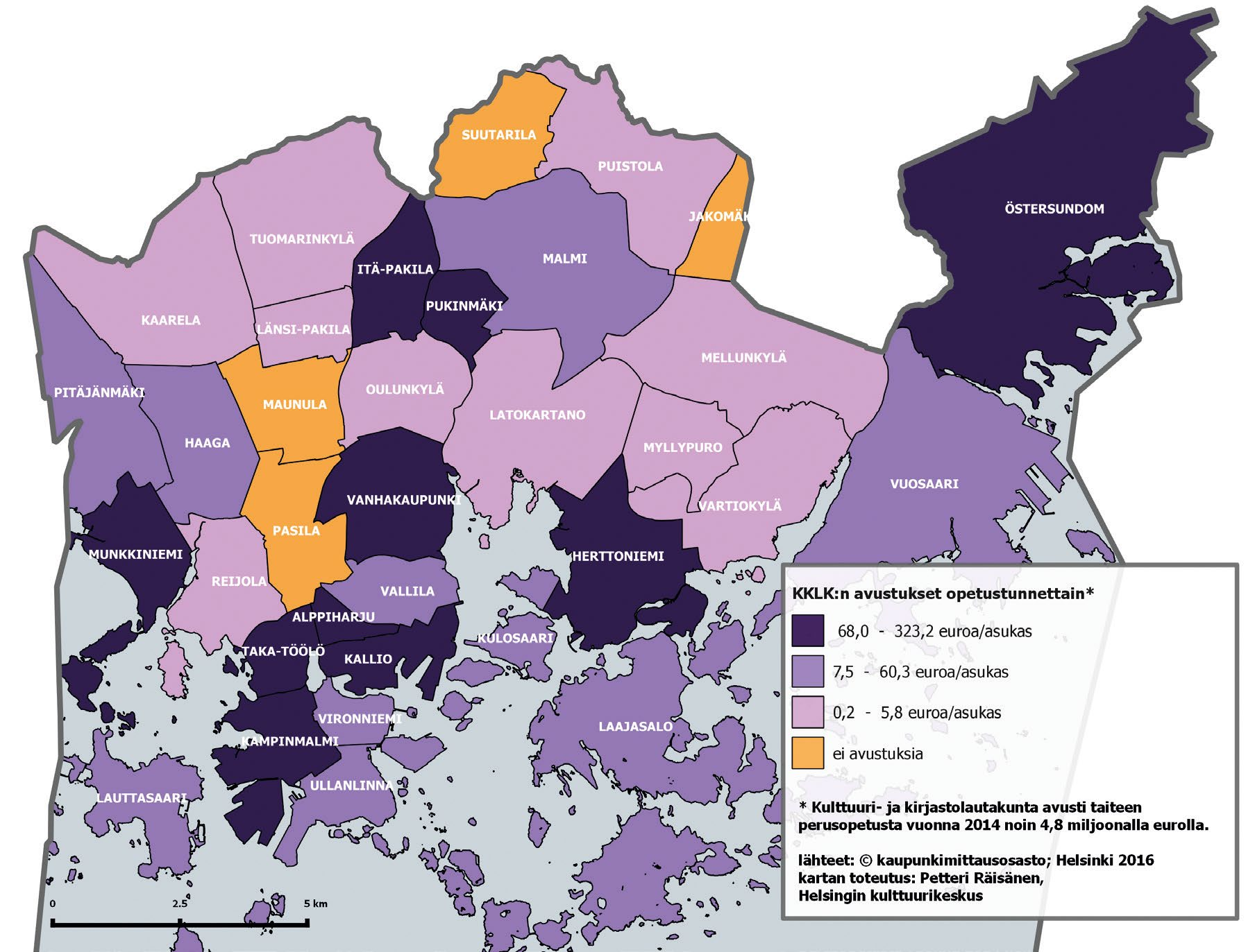 3 Taiteen perusopetuksen avustukset asuinalueittain Helsingin kulttuurikeskus tuki taiteen perusopetusta vuonna 2014 noin 4,8 miljoonalla eurolla. Kartassa 10.
