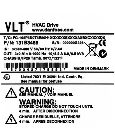 VLT HVAC -taajuusmuuttajan käyttöohjeet 2. Johdanto 2. Johdanto 2.1. Johdanto 2 2.1.1. Taajuusmuuttajan tunniste Alla on esimerkki tunnistetarrasta.
