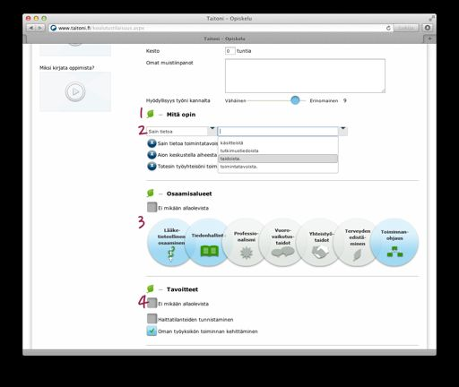 5 Opiskelutilaisuuden muokkaaminen (jatkoa) 1. Osiot avataan klikkaamalla tekstiä 2. Opittuja asioita arvioidaan valitsemalla valmiista lauserakenteista pudotusvalikosta. 3.