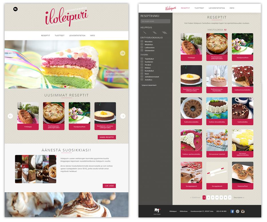 33 Kuva 5. Kuvankaappaukset Iloleipuri-verkkosivun etu- sekä reseptihakusivulta. Verkkosivujen sisällönhallintajärjestelmäksi valittiin ilmainen WordPress.