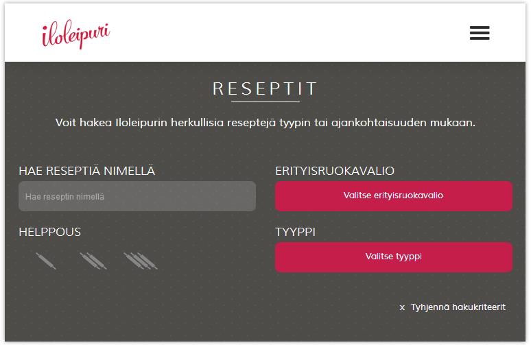 42 Kuva 10. Mobiilinavigaation ikoni oikeassa yläkulmassa sekä mobiilihaku resepteille kokonaisuudessaan.