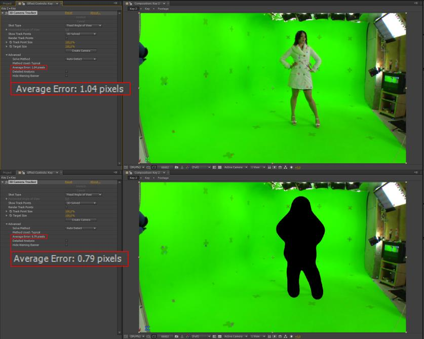 17 Kuva 10. After Effects-ohjelman 3D camera track ilman maskia ja maskilla. Kun 3D camera track on saatu tarpeeksi hyväksi, tehdään kohtaukseen 3D-nullpisteitä.