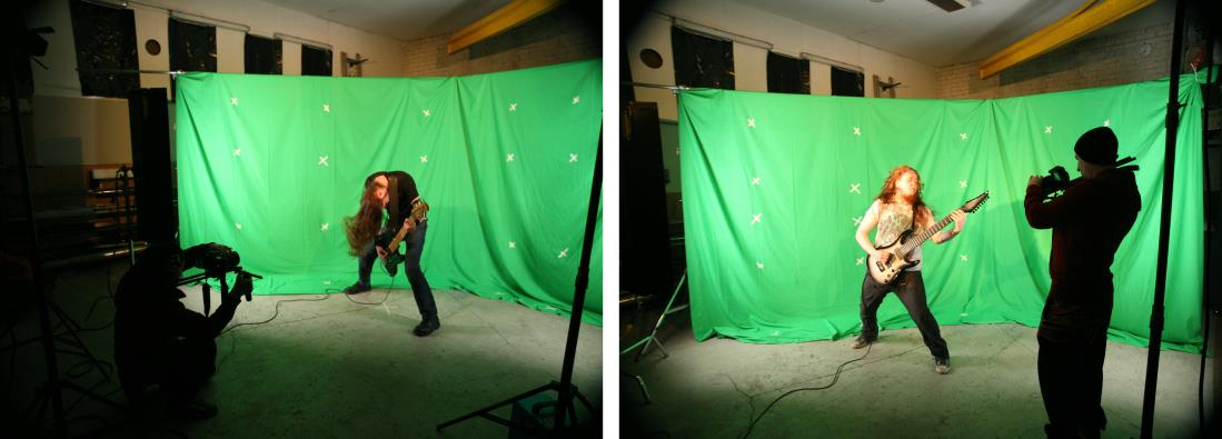 31 Kuva 20. Green screen ja kuvaamista. Kuvaamisen kannalta ja tilan pieneydestä johtuen päätettiin jokaista soittajaa kuvattiin yksin. Lopputuloksessa ei siis näkyisi kuin yksi soittaja kerrallaan.
