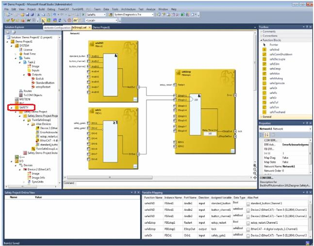 32 Kuva 9. Safety-osio ja turvatoiminnon visualisointi TwinCAT 3-ohjelmassa TwinCAT-ohjelmaa voidaan siis käyttää ohjelmoimaan koko sen koneen toiminta, johon turvatoiminnot kehitetään.