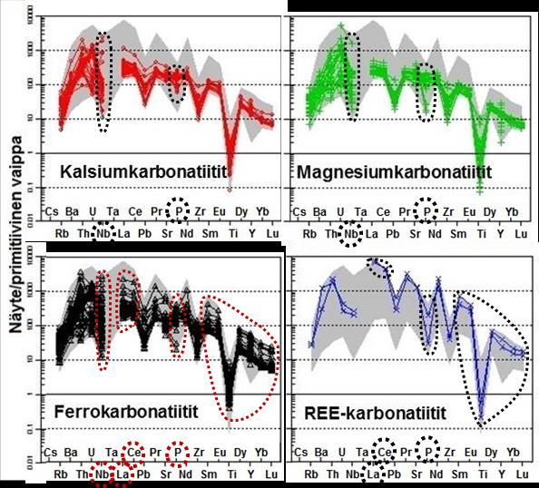 100 Kuva 61. Karbonatiittien alkuainepitoisuudet on normalisoituna primitiivisen vaipan koostumuksen suhteen (mukaillen McDonough ja Sun 1995). P-, Nb- ja REE-pitoisuudet on rajattu katkoviivoilla.