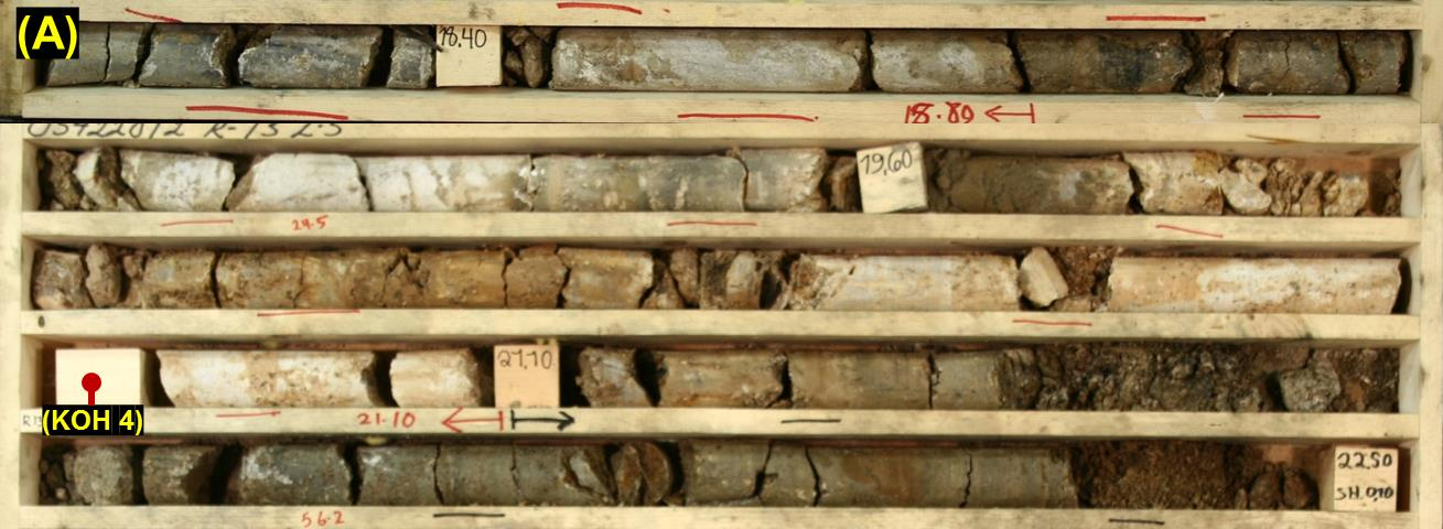 54 Ferrokarbonatiittien tyyppinäyte KOH 4 on kairasydämestä U5442012 R13, analyysiväliltä 18,80 21,10 ja kohdasta 20,85 metriä (Kuva 35(A)).