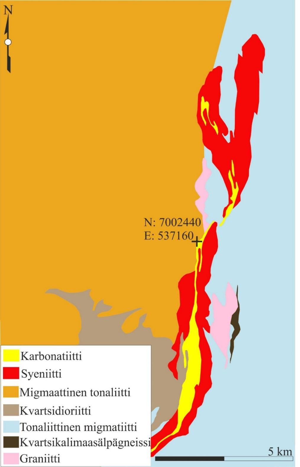 62 Kuva 23. Siilinjärven karbonatiittikompleksi. (ETRS-TM35FIN) (Muokattu; Suomen kallioperä DigiKP 2014).