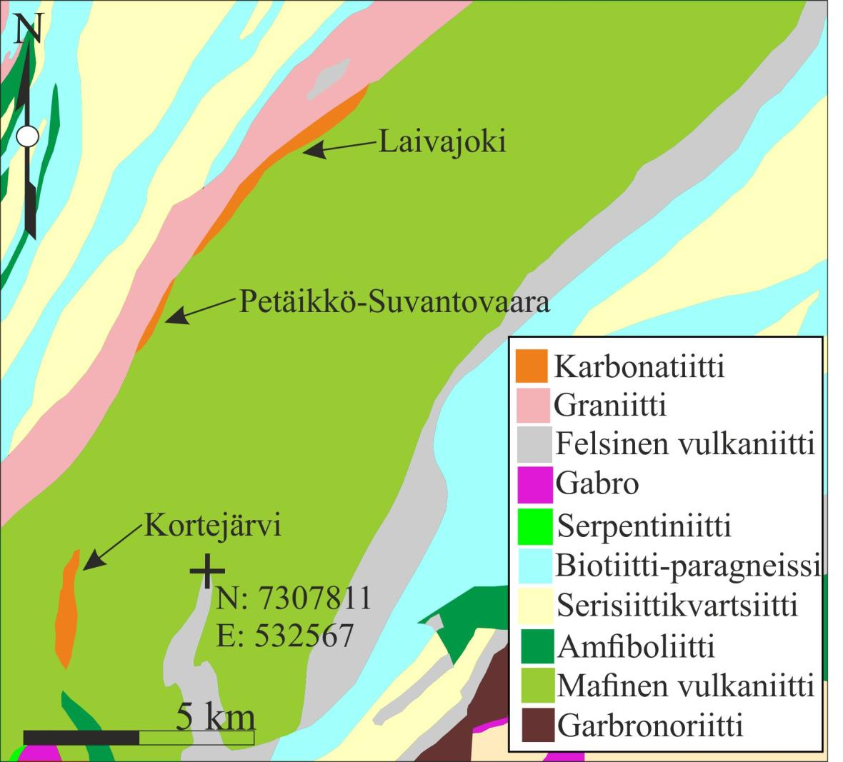 65 Kuva 24. Yleistetty kallioperäkartta Pudasjärven intruusioiden esiintymäalueesta. (ETRS-TM35FIN) (Muokattu; Suomen kallioperä DigiKP 2014).