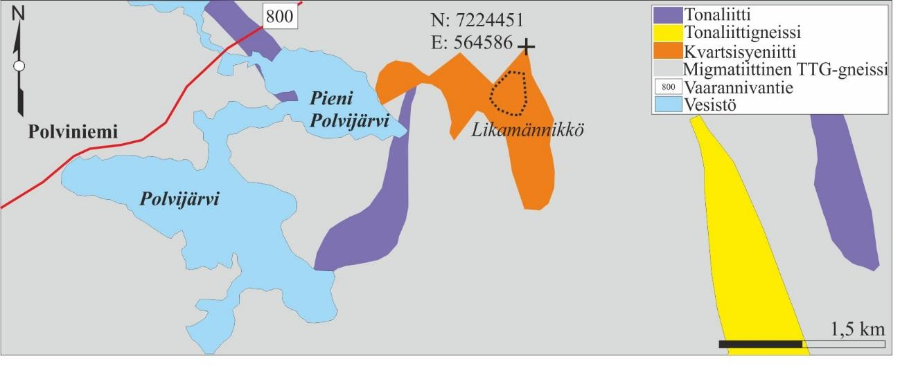 77 6.8 Likamännikön kompleksi Likamännikön kompleksi sijaitsee arkeeisella Suomussalmen alueella Itä-Suomessa (kuva 29).